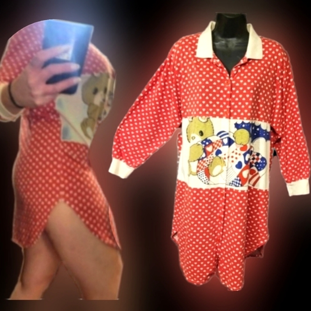 Vtg 80s jodie red white hearts teddy graphics high thigh cut sleep shirt L-1X
